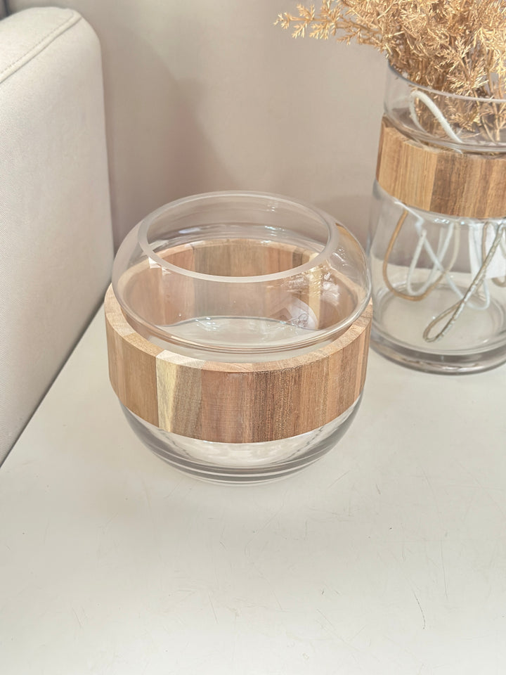 Vase en verre rond avec cercle en bois 16x14cm